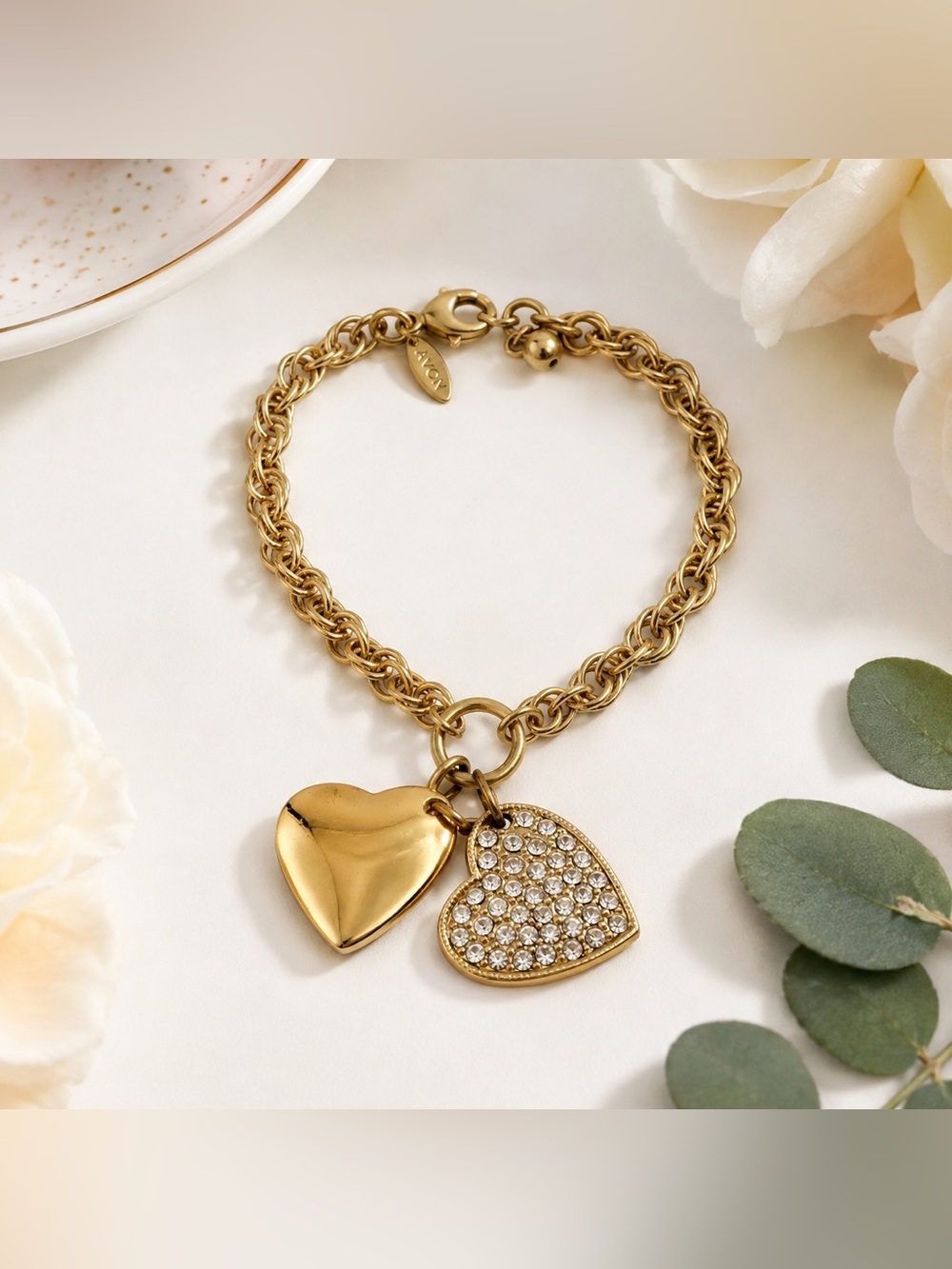 Avon Gold Tone Double Heart Charm Bracelet Rhinestone Puffed Heart